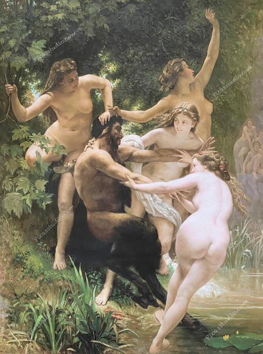 Nymphs and Satyr Painting by William-Adolphe Bouguereau Oil Hand Painted Art on Canvas Vintage Wall Decor Unframed