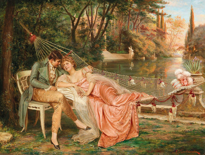 Frederic Soulacroix - Flirting in the Park of the Villa Borghese, Rome Oil Painting Hand Painted on Canvas Vintage Wall Art Decor Unframed