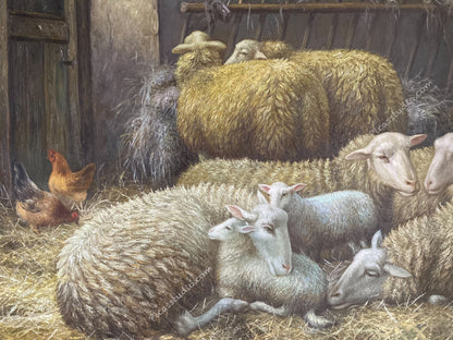Eugene Remy Maes Sheep and Chicken in a Stable Oil Painting Hand Painted Art on Canvas Wall Decor Unframed