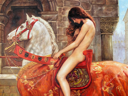 Lady Godiva Old Master Art Portrait on Horse Oil Painting Hand Painted on Canvas Vintage Wall Art Decor Unframed