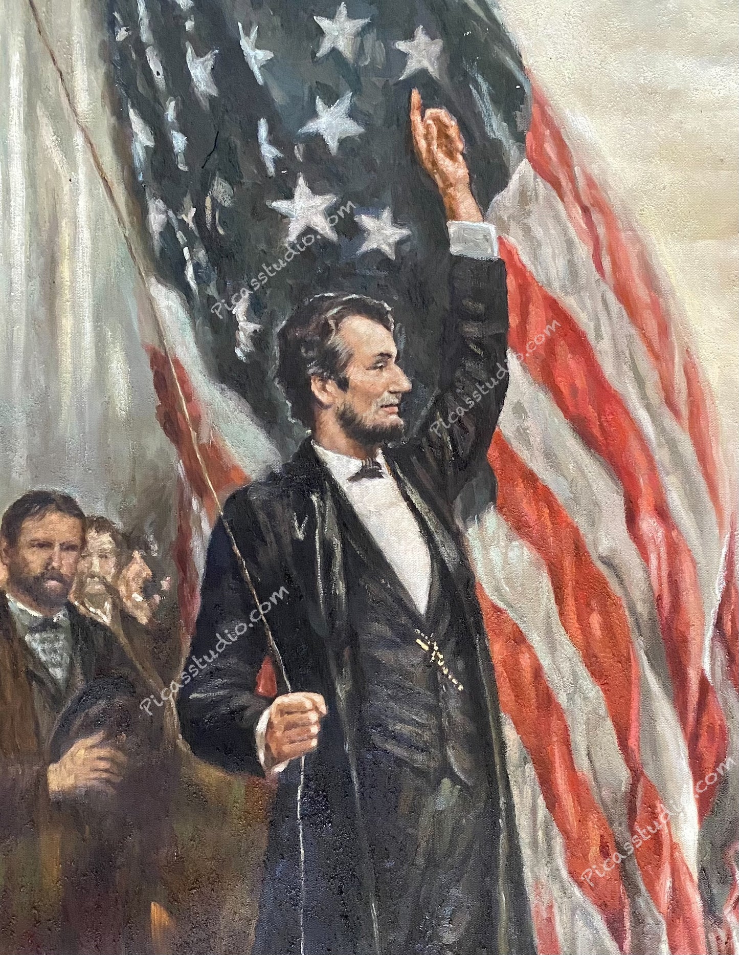American Civil War Painting featuring President Abraham Lincoln holding the American Flag Vintage Oil Painting Hand Painted Oil on Canvas Wall Art Decor Unframed