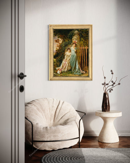 Two young ladies waiting - The Expectation - painting by Frédéric Soulacroix Oil Hand Painted on Canvas Vintage Wall Art Decor Unframed
