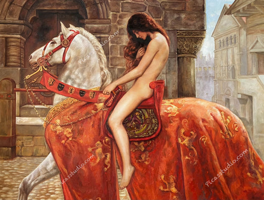 Lady Godiva Old Master Art Portrait on Horse Oil Painting Hand Painted on Canvas Vintage Wall Art Decor Unframed